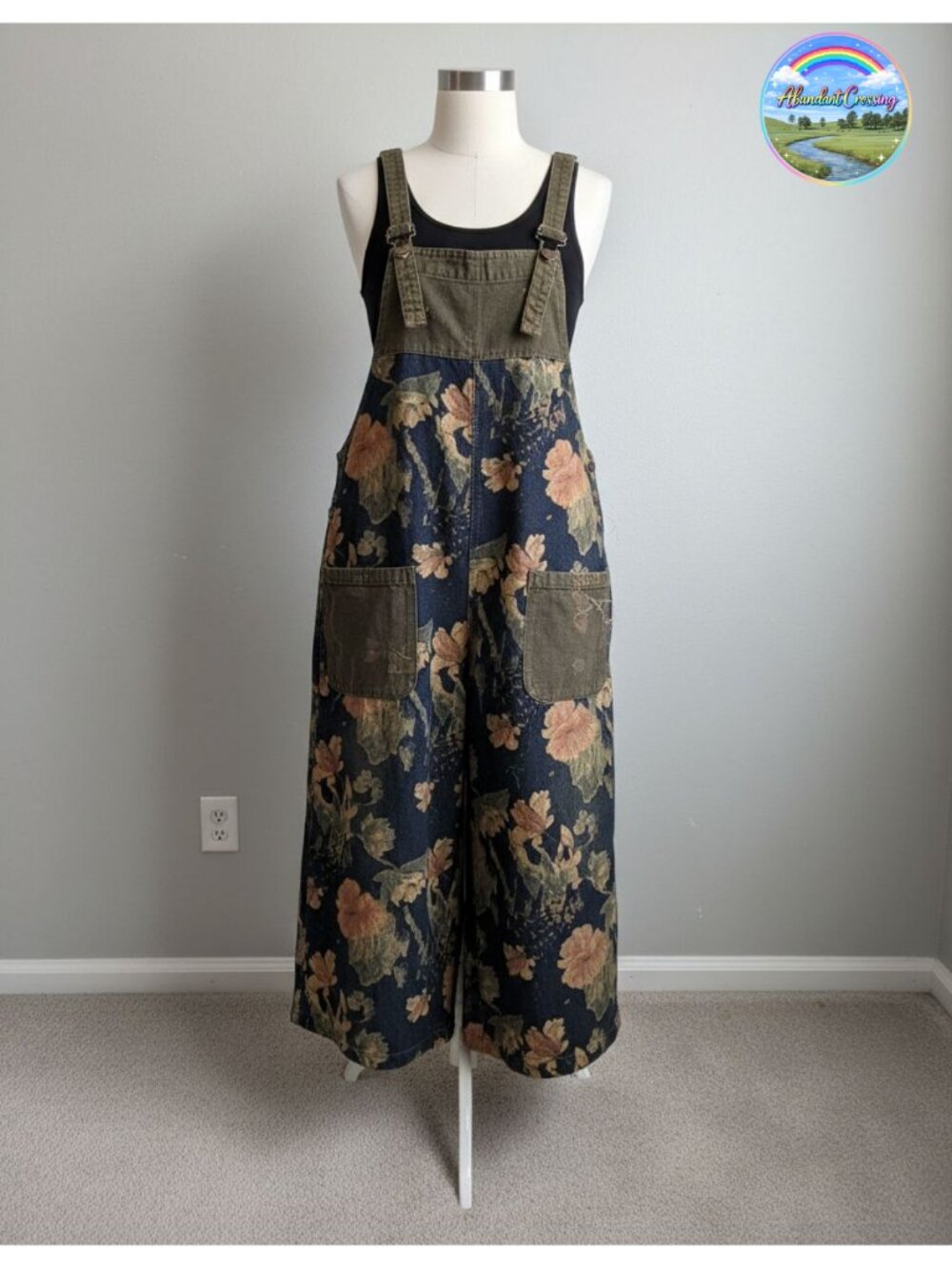 Floral Print Denim Overalls Baggy Jumpsuits with Pockets Vintage Loose Fit